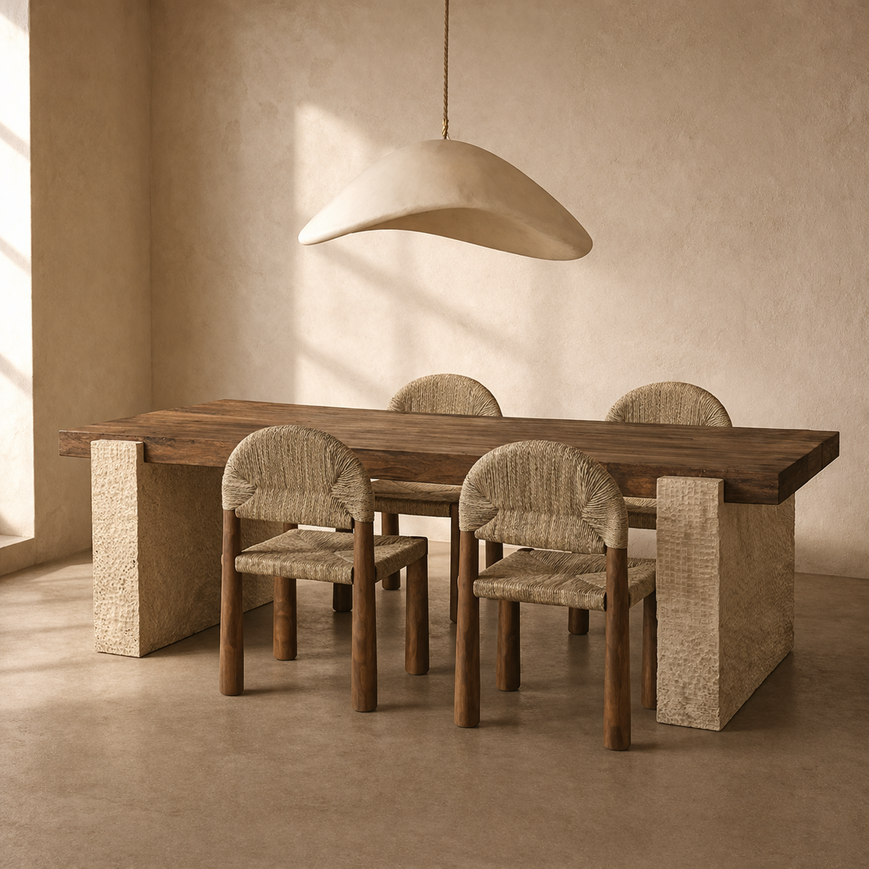 Teak and Stone Dining table with textured chairs in a warm-toned room