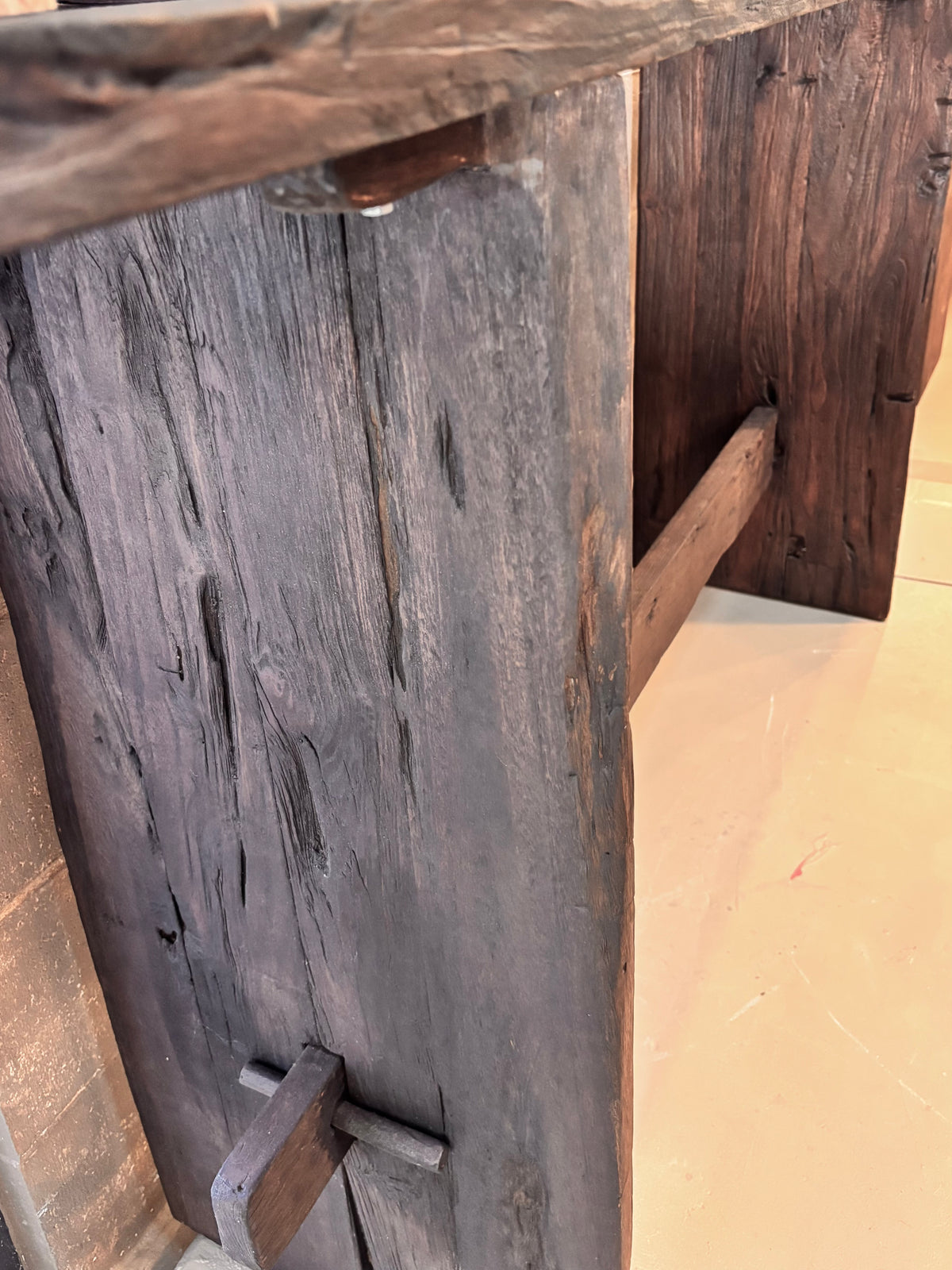 bari reclaimed teak wabi sabi console close up leg detail