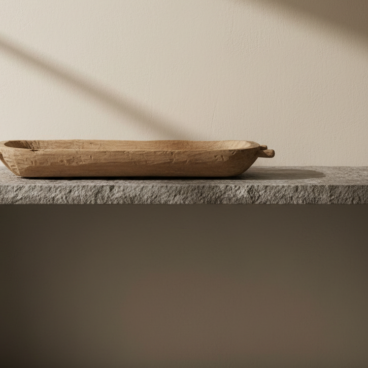 A rustic, hand-carved wooden trough with two small side handles, shown on a solid off-white background.