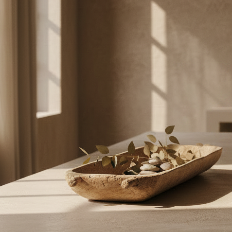 A rustic, hand-carved wooden trough or canoe-shaped planter with small side handles, shown on a solid off-white background.