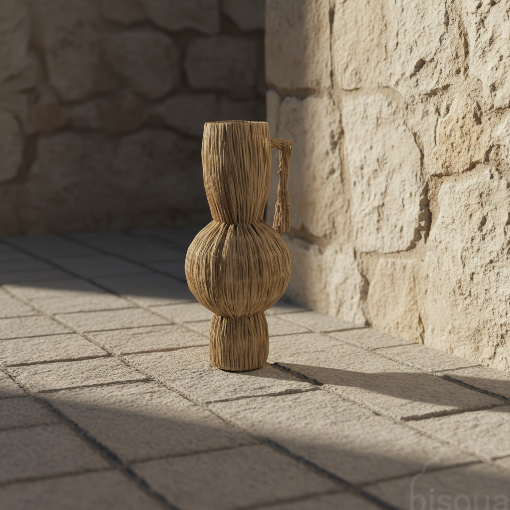 A rustic, hand-woven basket or vase with a textured, natural straw appearance, featuring a bulbous body, a narrow neck, and a small side handle, set against a plain light background.