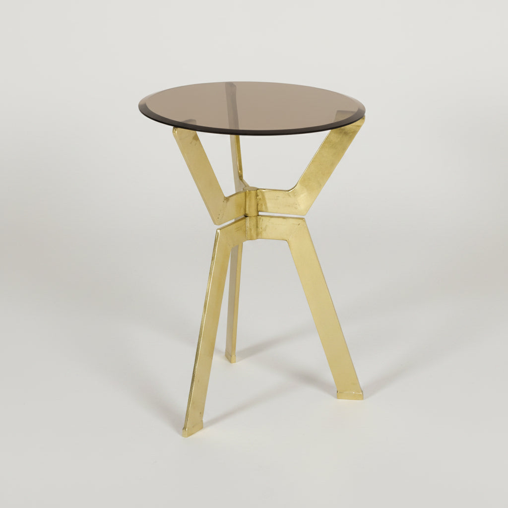 Ruhi : Metal Side Table, with Brass Finish featuring a Smokey Glass Top.