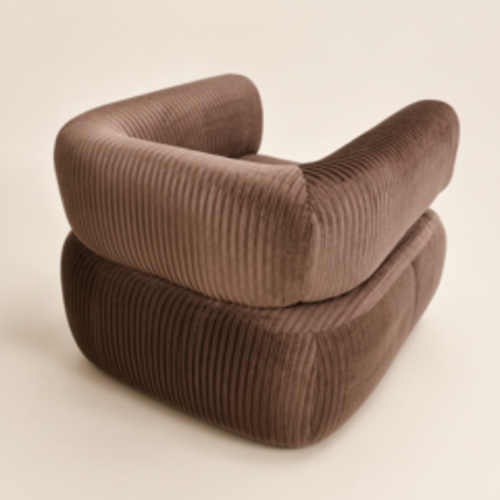 A low, rounded modular upholstered seat or bench in a brown ribbed velvet fabric, shown on a plain studio background.