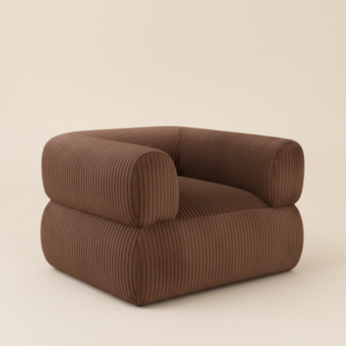 A low, rounded armchair upholstered in brown corduroy fabric, photographed against a plain light beige studio background.