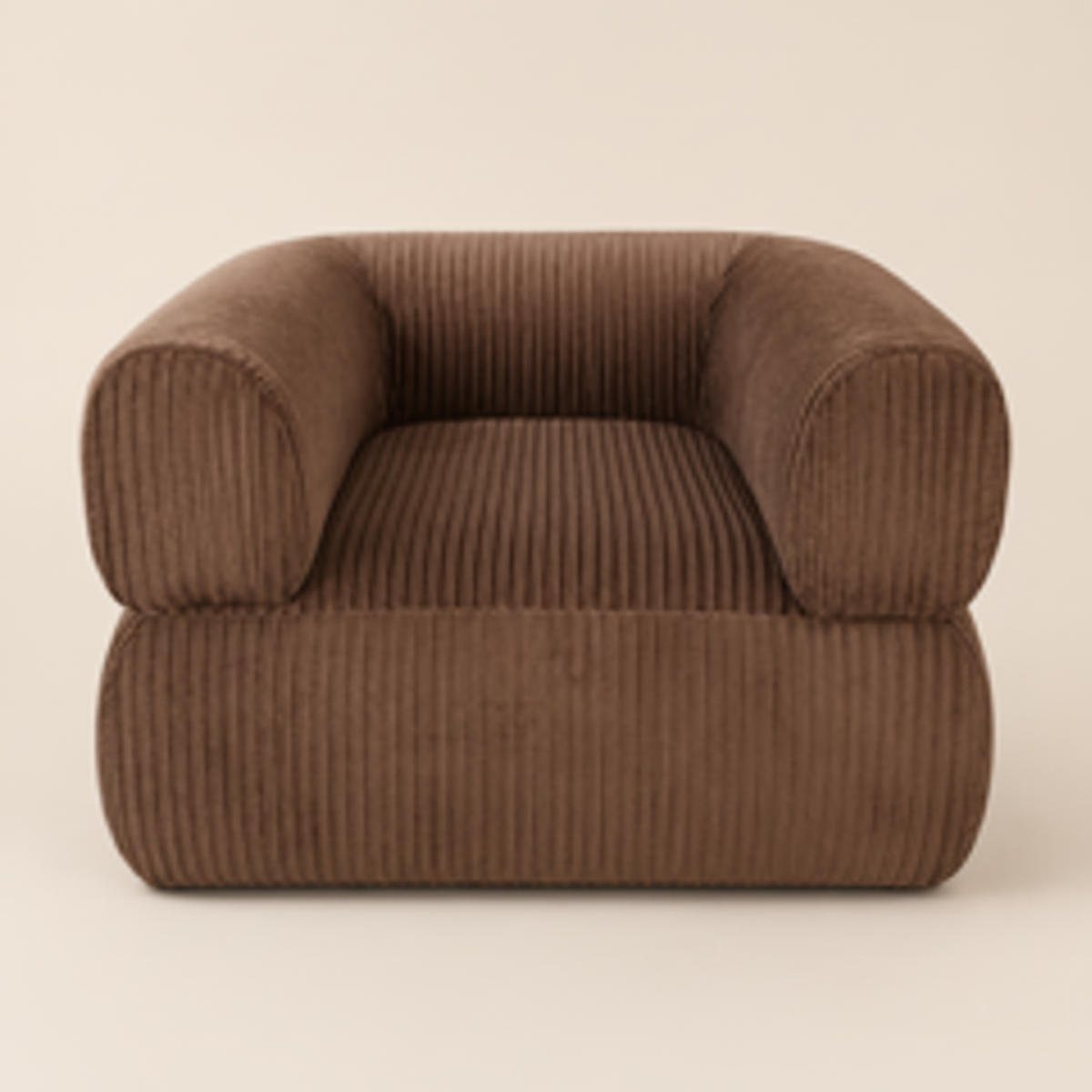 A low, rounded armchair upholstered in brown velvet fabric, photographed against a plain light beige studio background.