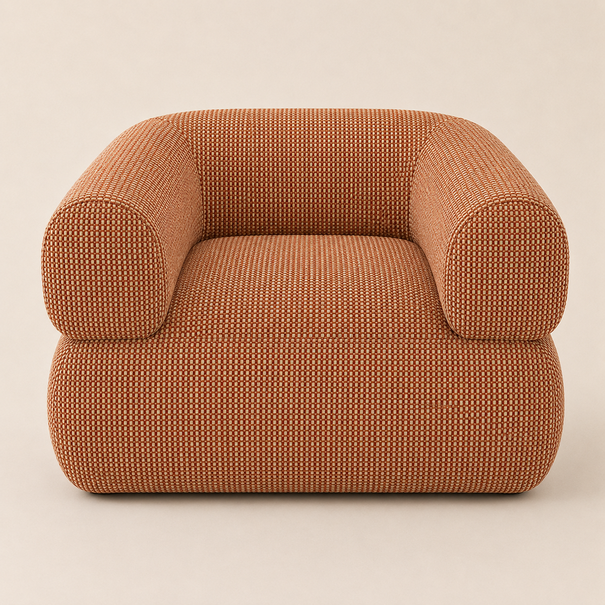 Catalina : Geo : Burned Orange|Tan Square Fabric : Organic Form, Rounded Arm, Wide Lounge Chair. 100cm W x 90cm D x 75cm H