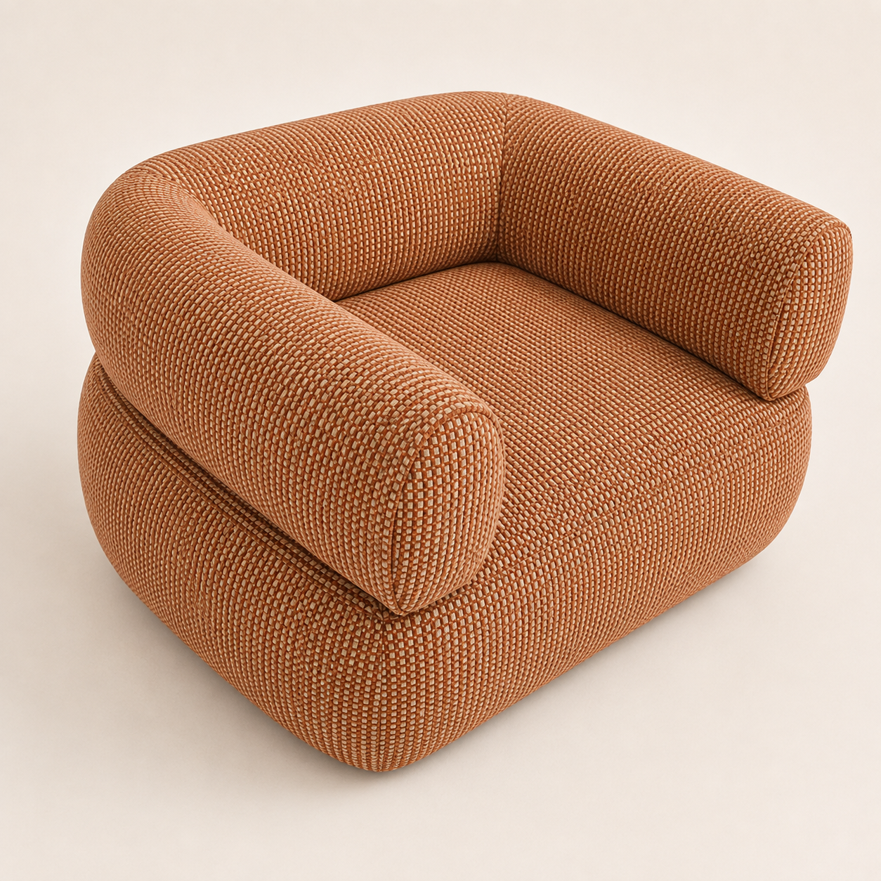 Catalina : Geo : Burned Orange|Tan Square Fabric : Organic Form, Rounded Arm, Wide Lounge Chair. 100cm W x 90cm D x 75cm H