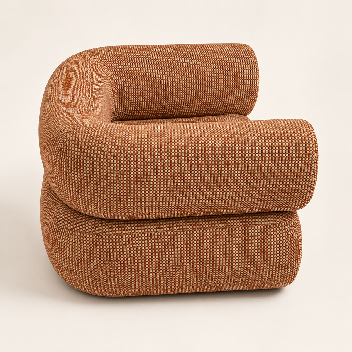 Catalina : Geo : Burned Orange|Tan Square Fabric : Organic Form, Rounded Arm, Wide Lounge Chair. 100cm W x 90cm D x 75cm H