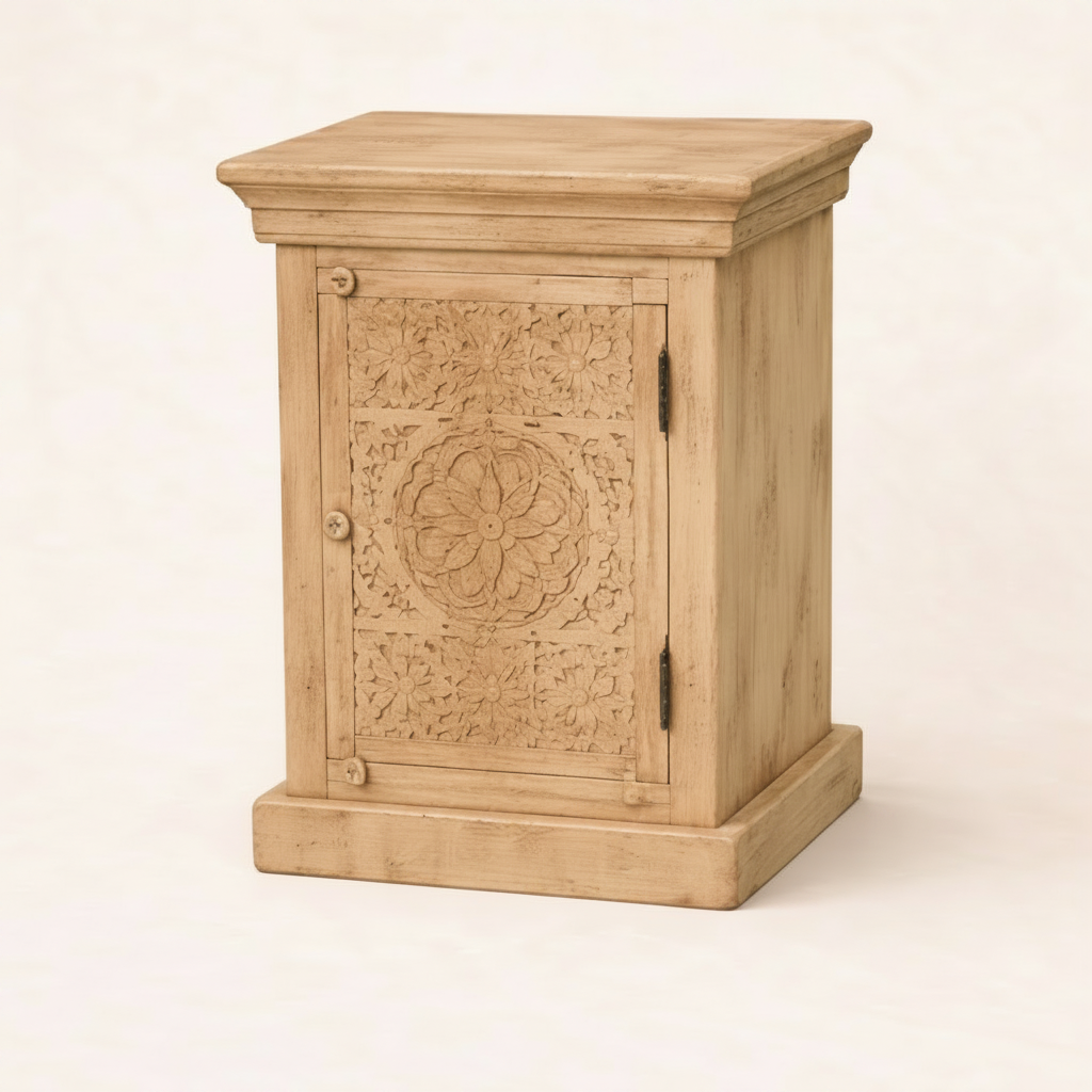 Wooden cabinet with intricate carvings on a white background