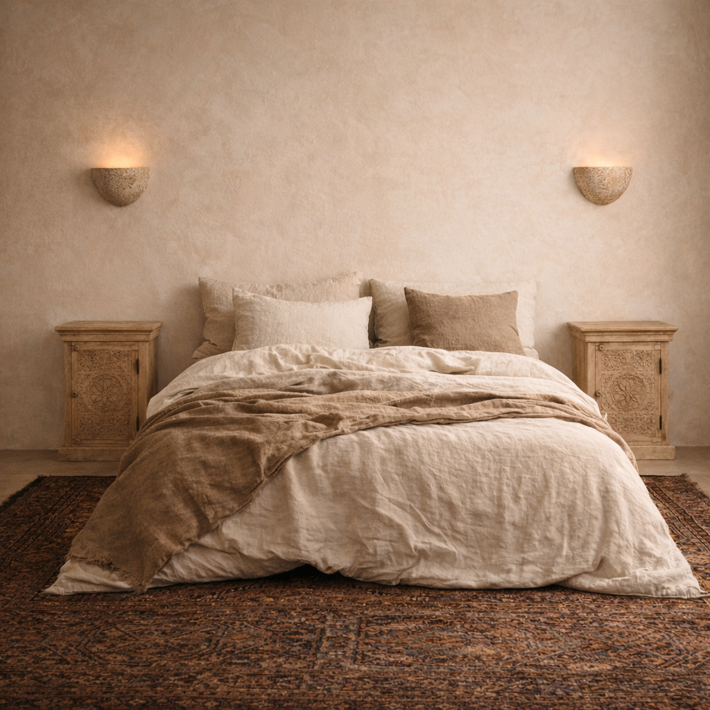Bedroom with a bed featuring beige and white bedding, wooden nightstands, and wall sconces.