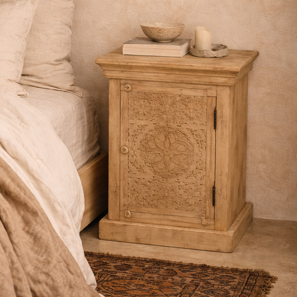 Wooden nightstand with decorative carvings next to a bed in a bedroom setting.