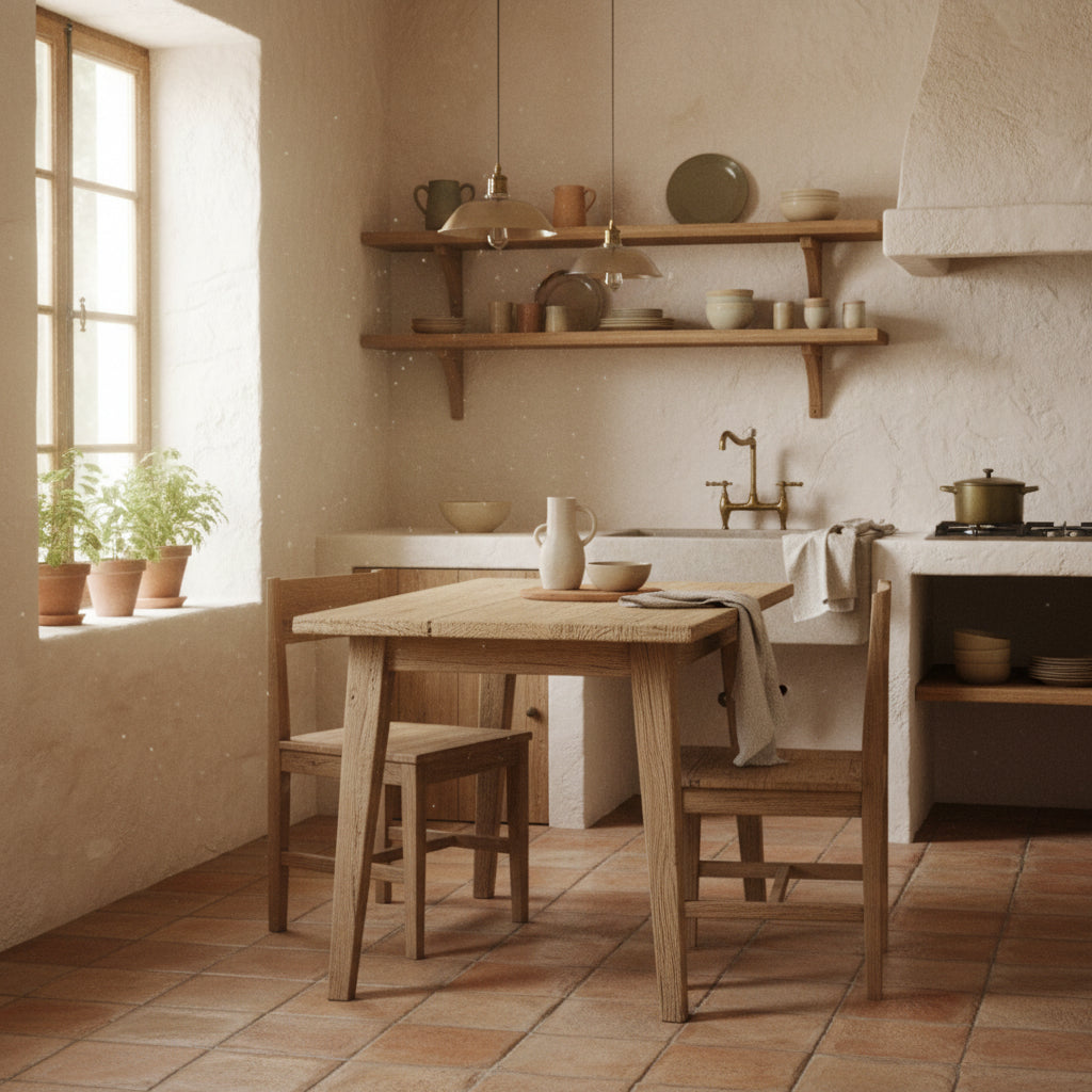 Wooden kitchen reclaimed wood table in a wabi sabi kitchen.