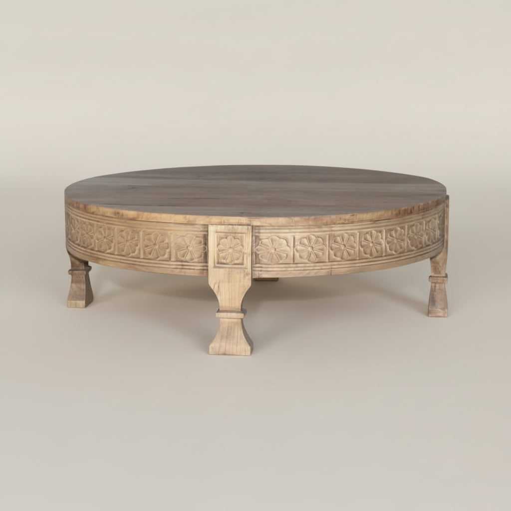 daiyu round carved reclaimed pine coffee table, bisque, bohemian, 