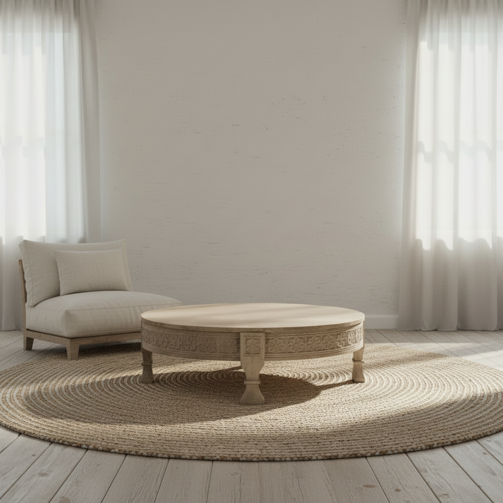 daiyu large 120cm round carved recycled pine coffee table bisque, wabi sabi