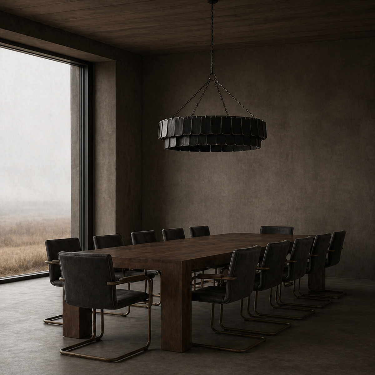Damasco 3m dark reclaimed teak wood dining table with 12 Alessia charcoal leather dining chairs and a black marble Giada pendant light. Wabi Sabi Furiture Australia.