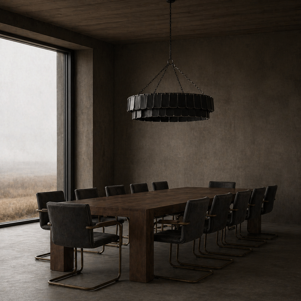 Damasco 3m dark reclaimed teak wood dining table with 12 Alessia charcoal leather dining chairs and a black marble Giada pendant light. Wabi Sabi Furiture Australia.