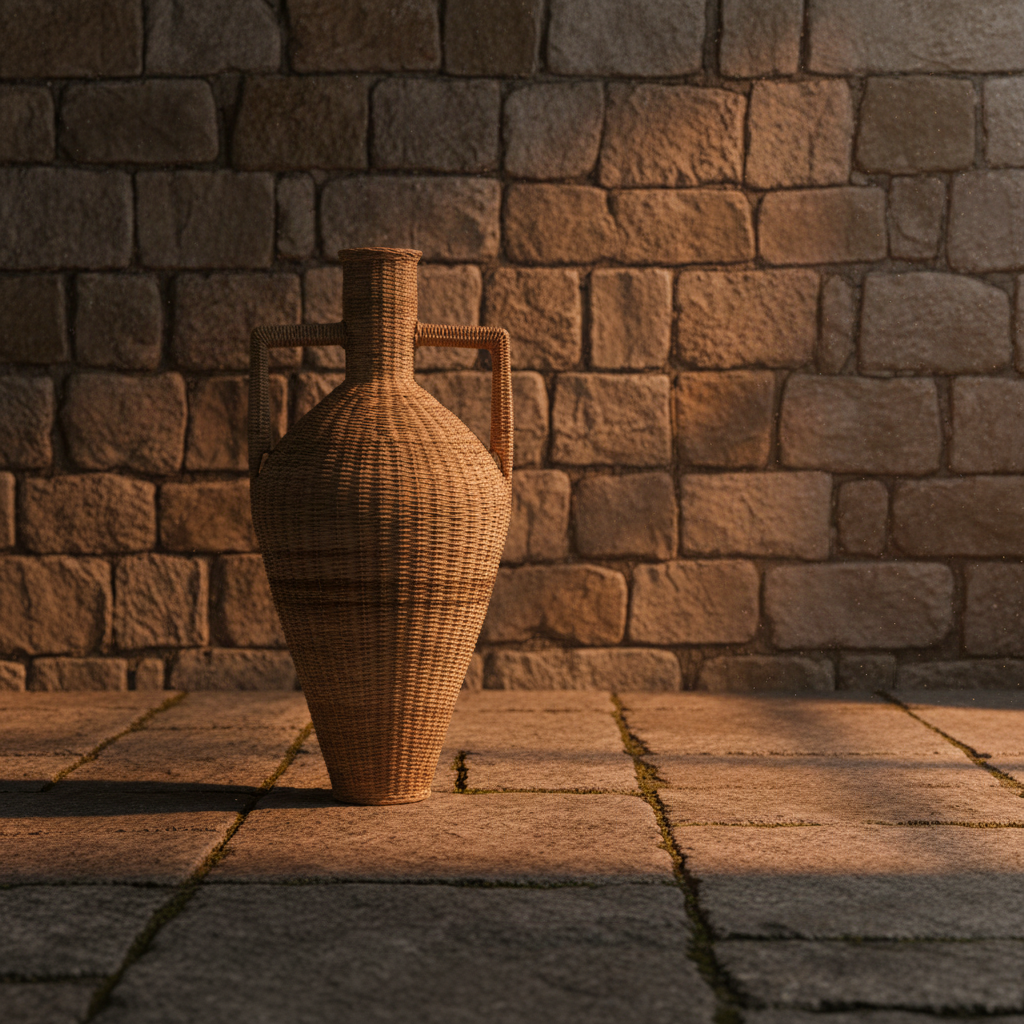 A tall, woven natural-fiber vase with a narrow neck, wide shoulder, and two loop handles, shown against a plain light beige studio background.
