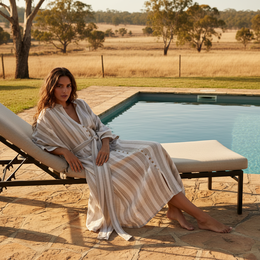 Italian Linen : Donna : One Size Kaftan | Natural & White Stripe