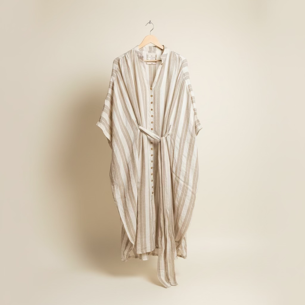 Italian Linen : Donna : One Size Kaftan | Natural & White Stripe