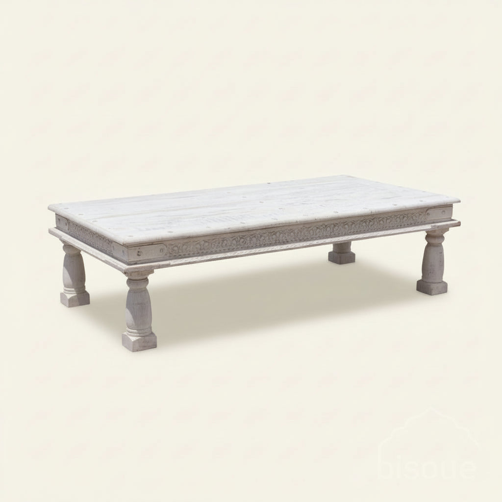 carved dyuti whitewashed teak wood coffee table, bisque traders, byron bay, indian carved, furniture, australia