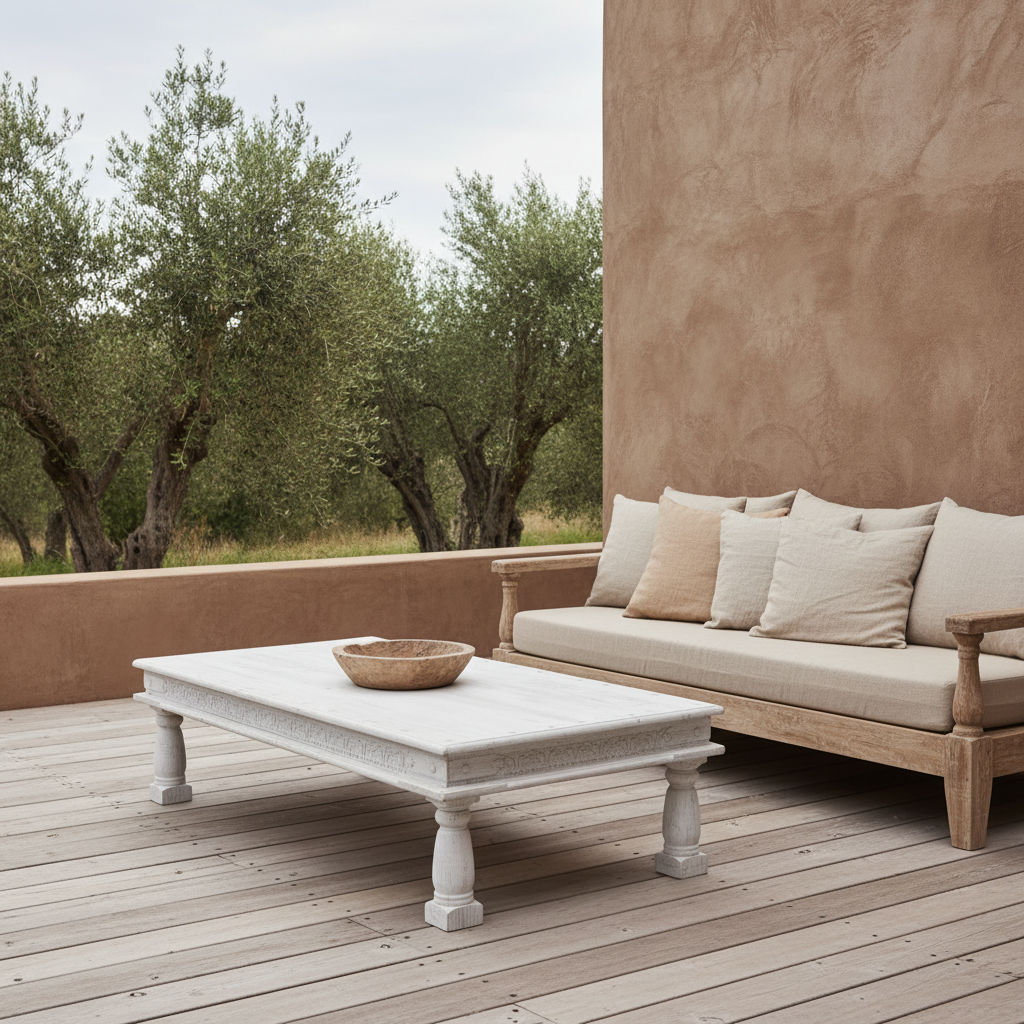 carved whitewashed teak coffee table, wabi sabi furniture