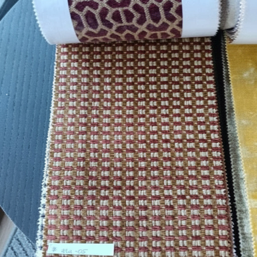 Catalina : Geo : Burned Orange|Tan Square Fabric : Organic Form, Rounded Arm, Wide Lounge Chair. 100cm W x 90cm D x 75cm H