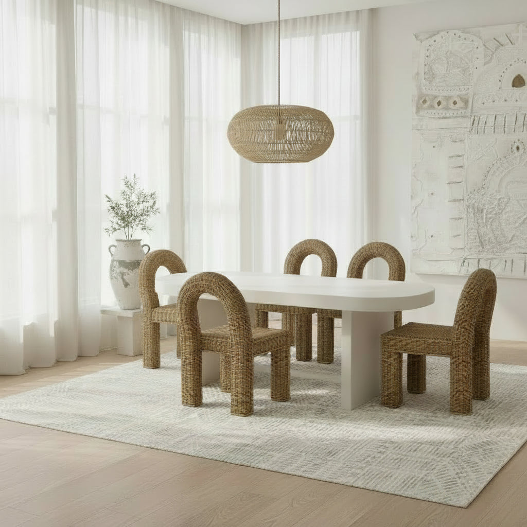 oval white resin table with cane rounded back chairs in a contemporary dinng room