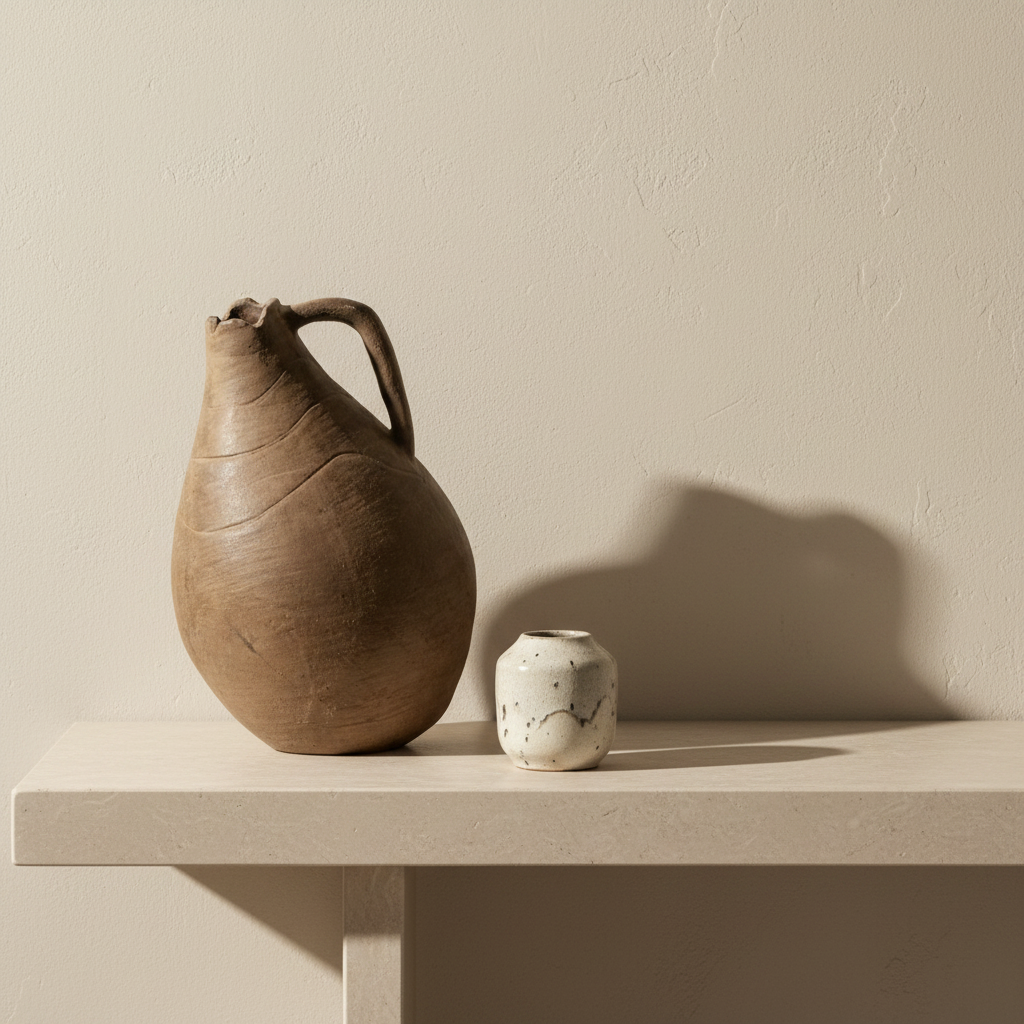 An organic-shaped brown ceramic pitcher with a textured, earthy finish and a single handle, set against a solid off-white background.