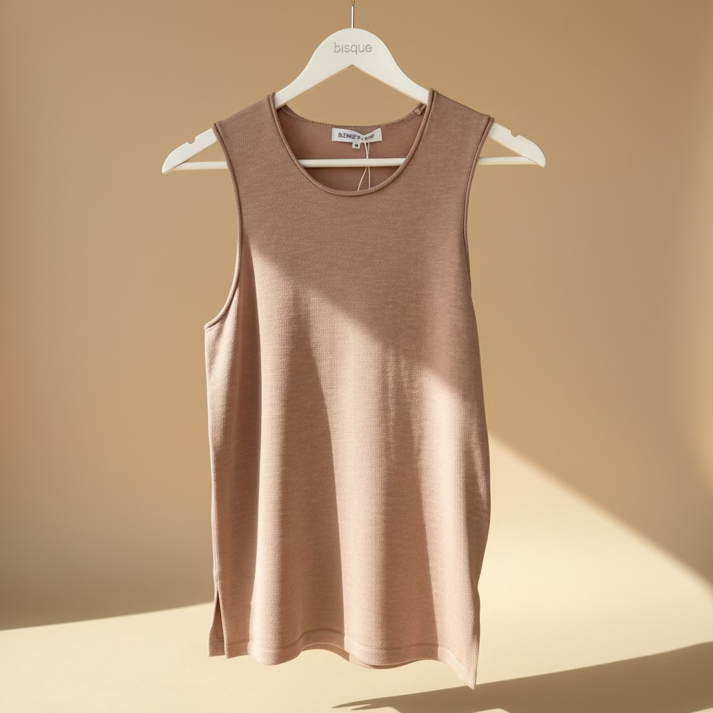 Brown sleeveless pure cotton knit tank top hanging on a hanger against a textured wall.