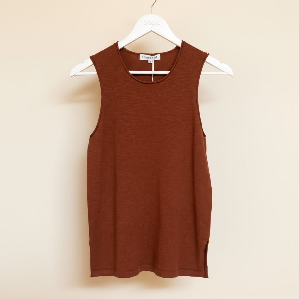 Brown sleeveless pure cotton knit top on a hanger against a beige background