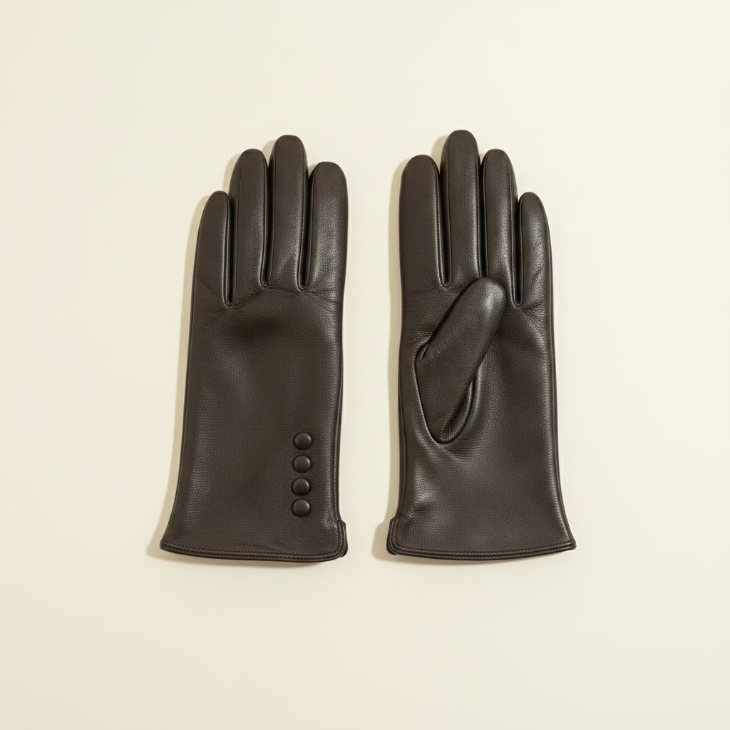 Pair of black leather gloves with buttons on a beige background