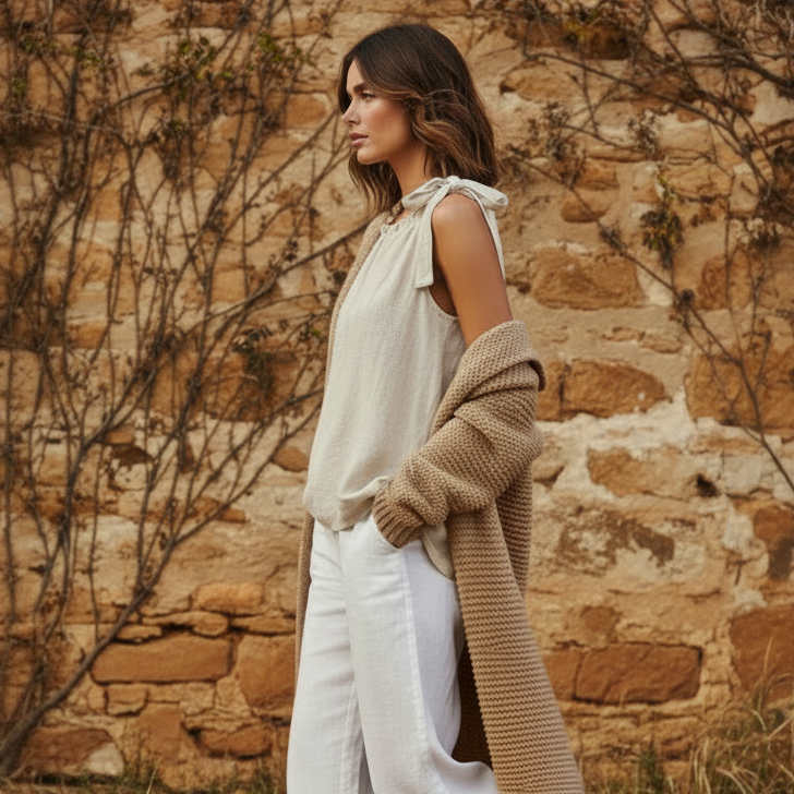Woman walking outdoors against a rustic brick wall wearing a beige cardigan, Fraiser sand beige Italian linen top, white pants, and sneakers.