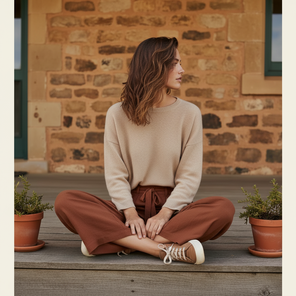 Girl wearing coco brown wide-leg Italian linen Gelso pants with a tie waist.