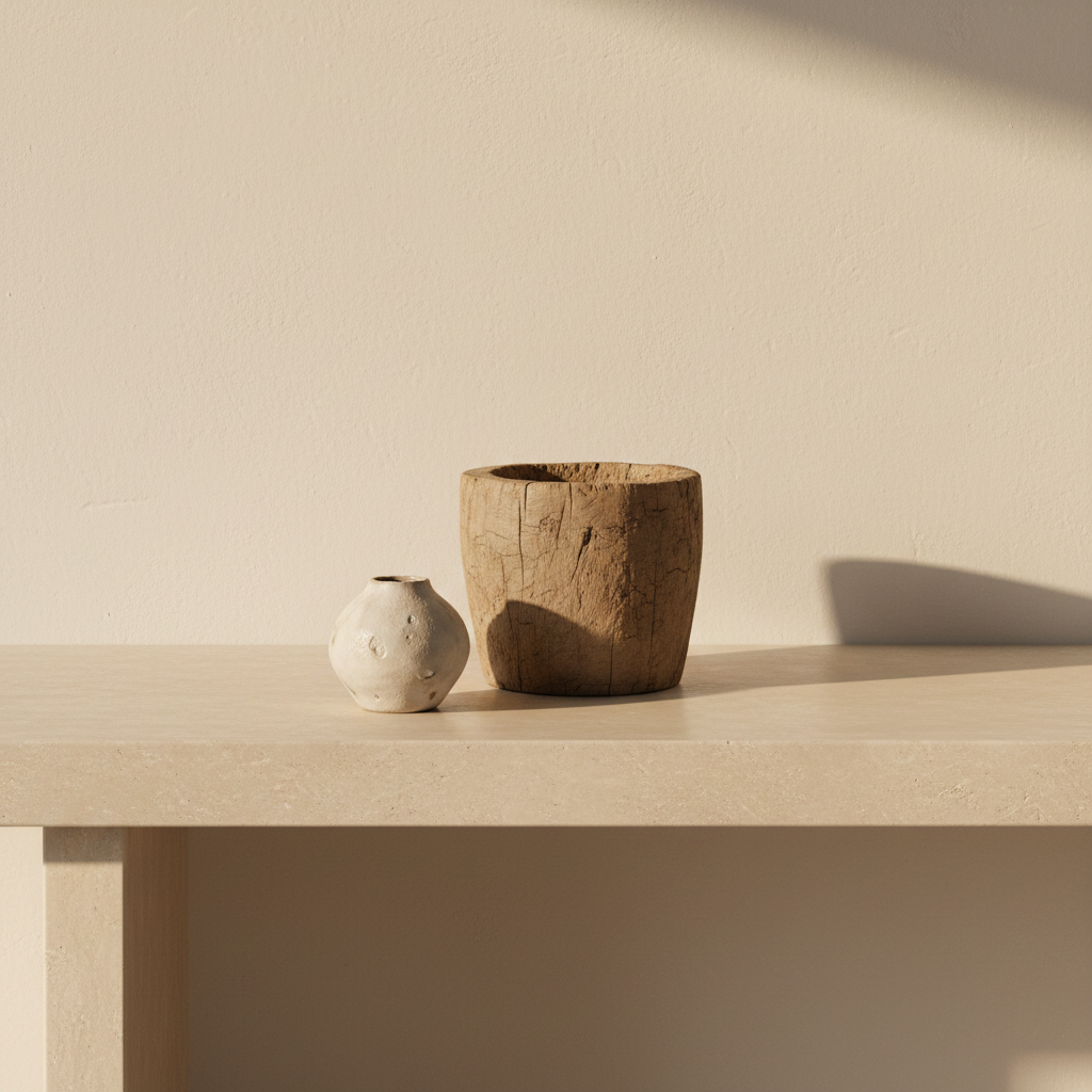 Two small rustic wooden cups or bowls with a natural textured finish, displayed side-by-side on a light beige background.