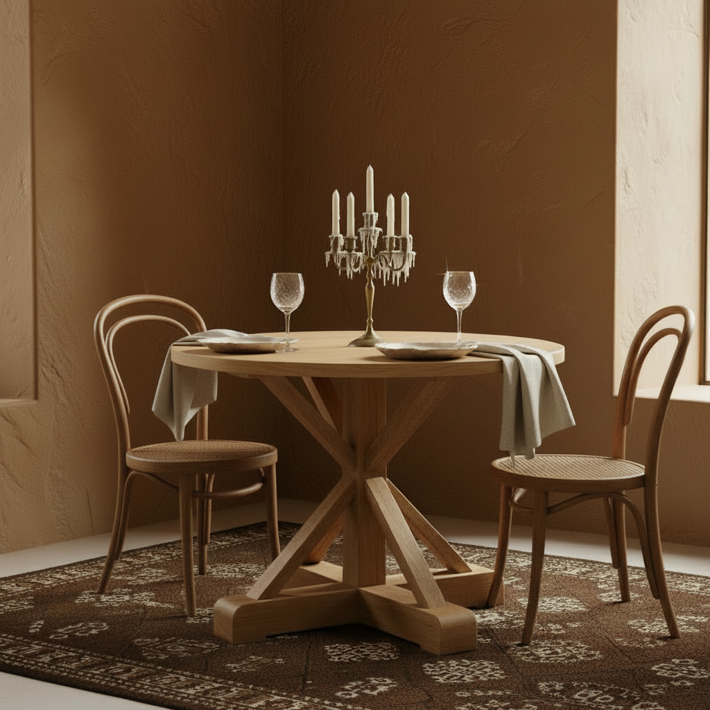 Suggestion


Wooden round reclaimed wood table with a unique base design on a mocha background