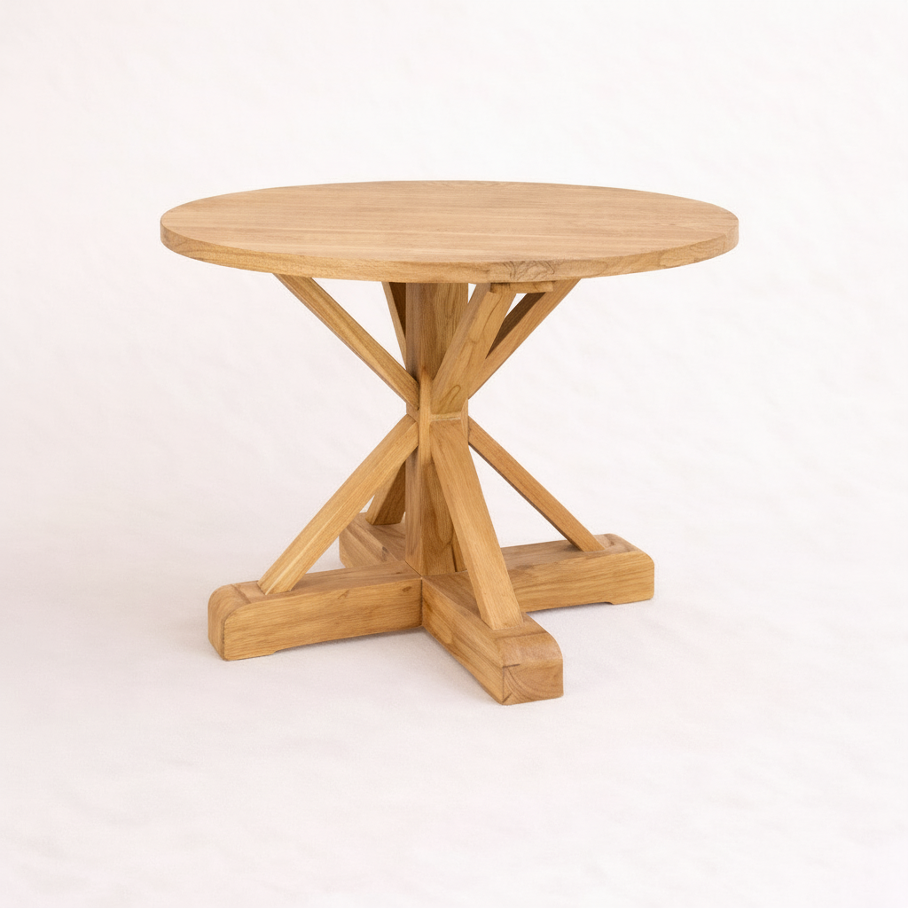 Information




Reclaimed woodround table with a unique base design on a white background
