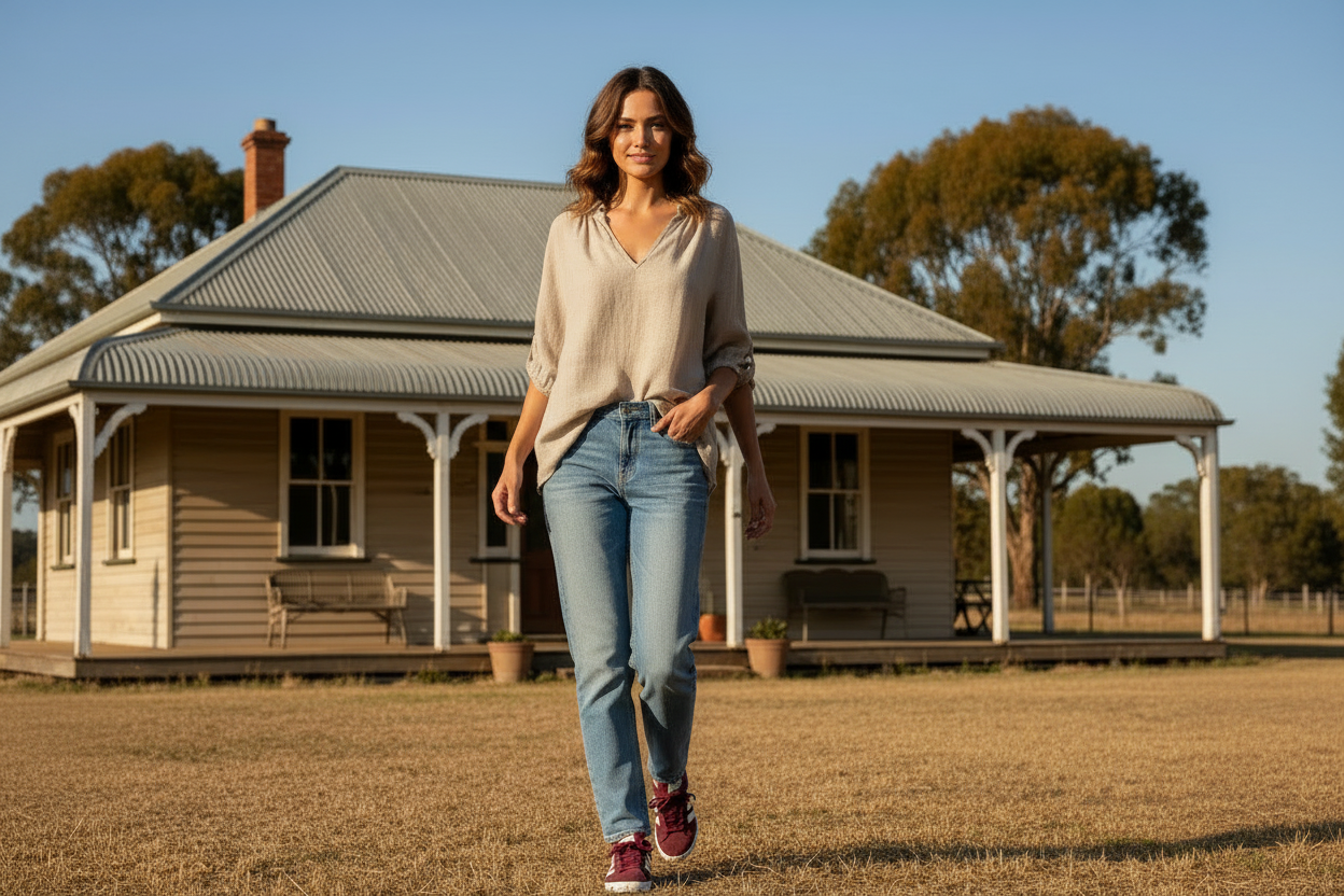 girl wearing Grazia Italian line puff sleeve shirt walking in front of farmhouse.