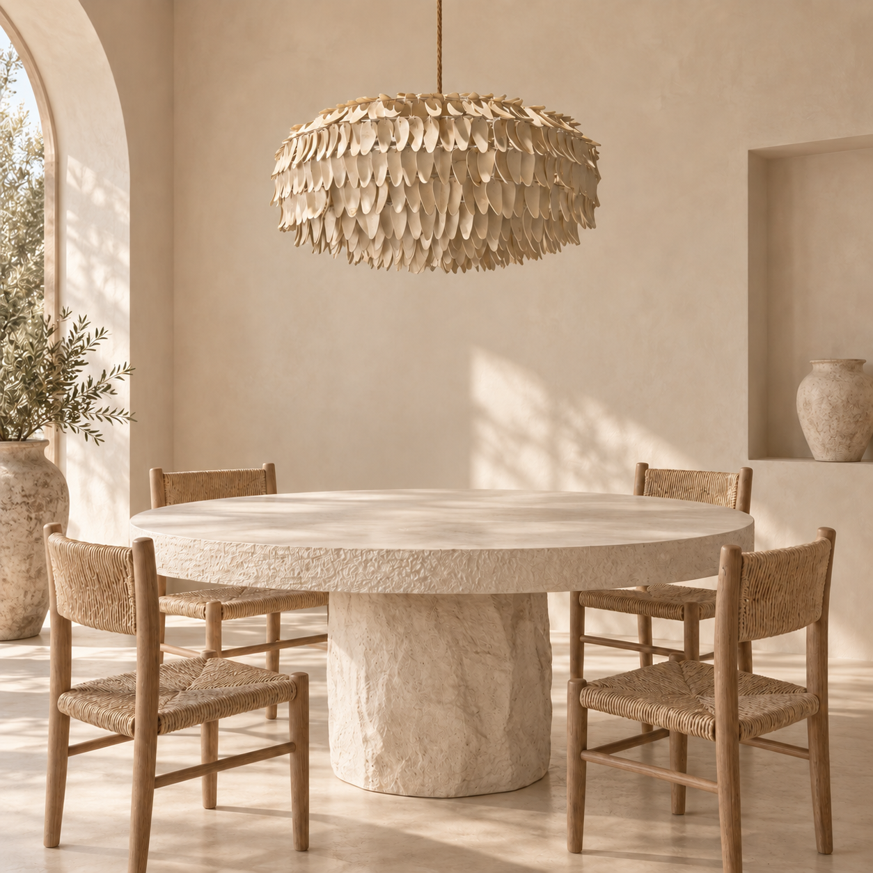 A round stone dining table with a textured natural base, surrounded by four woven-backwood chairs, under a large leafy pendant chandelier in a warm, sunlit dining room.