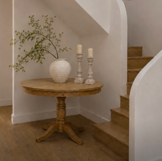 A round wooden pedestal table styled with a textured white ceramic vase holding a leafy branch and two white candlesticks, set in a bright entryway next to a wooden staircase.