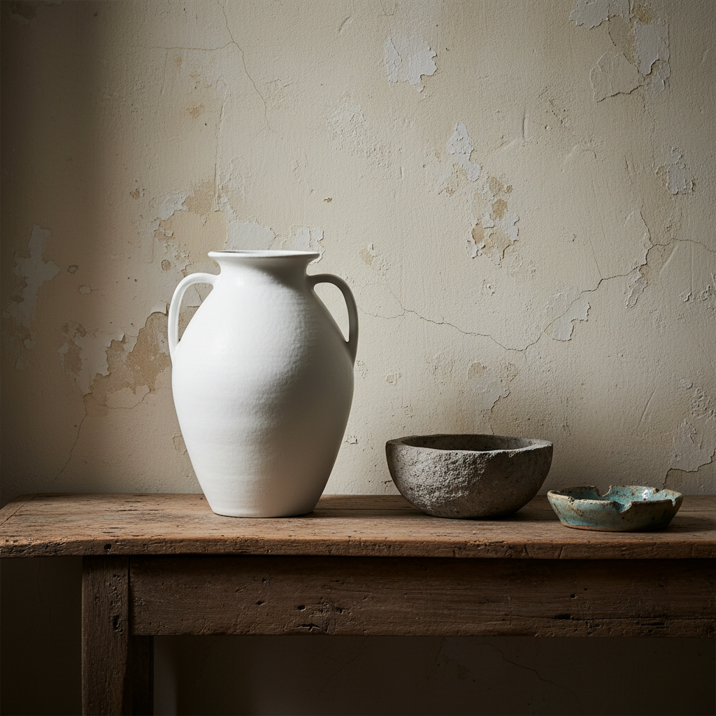 A white ceramic vase with two loop handles, photographed against a solid, warm off-white background.