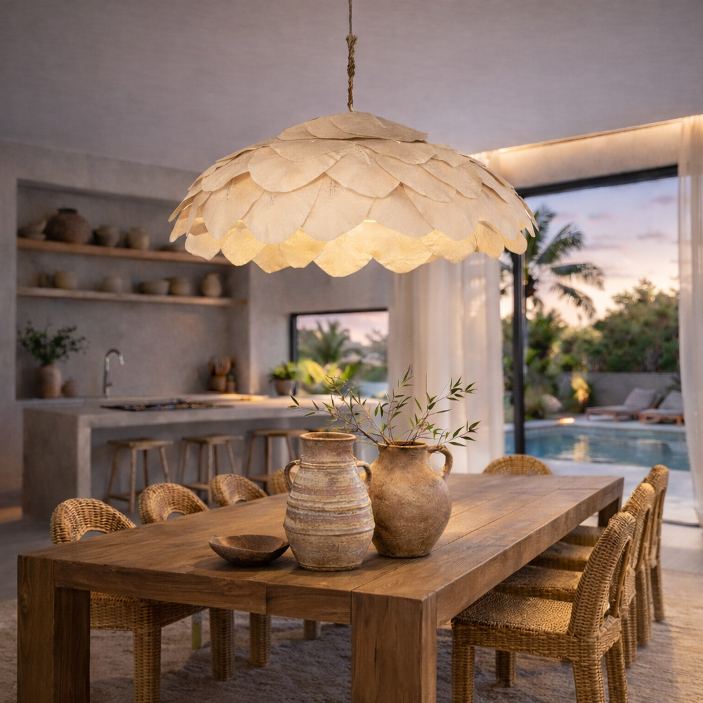 Dining area with a large petalpendant light, long reclaimedwood table, and rattan chairs in a modern home setting.