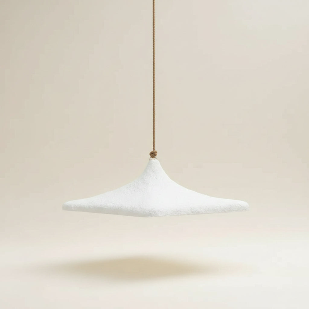 A white textured shallow cone 100cm pendant light, made of paper, white. 