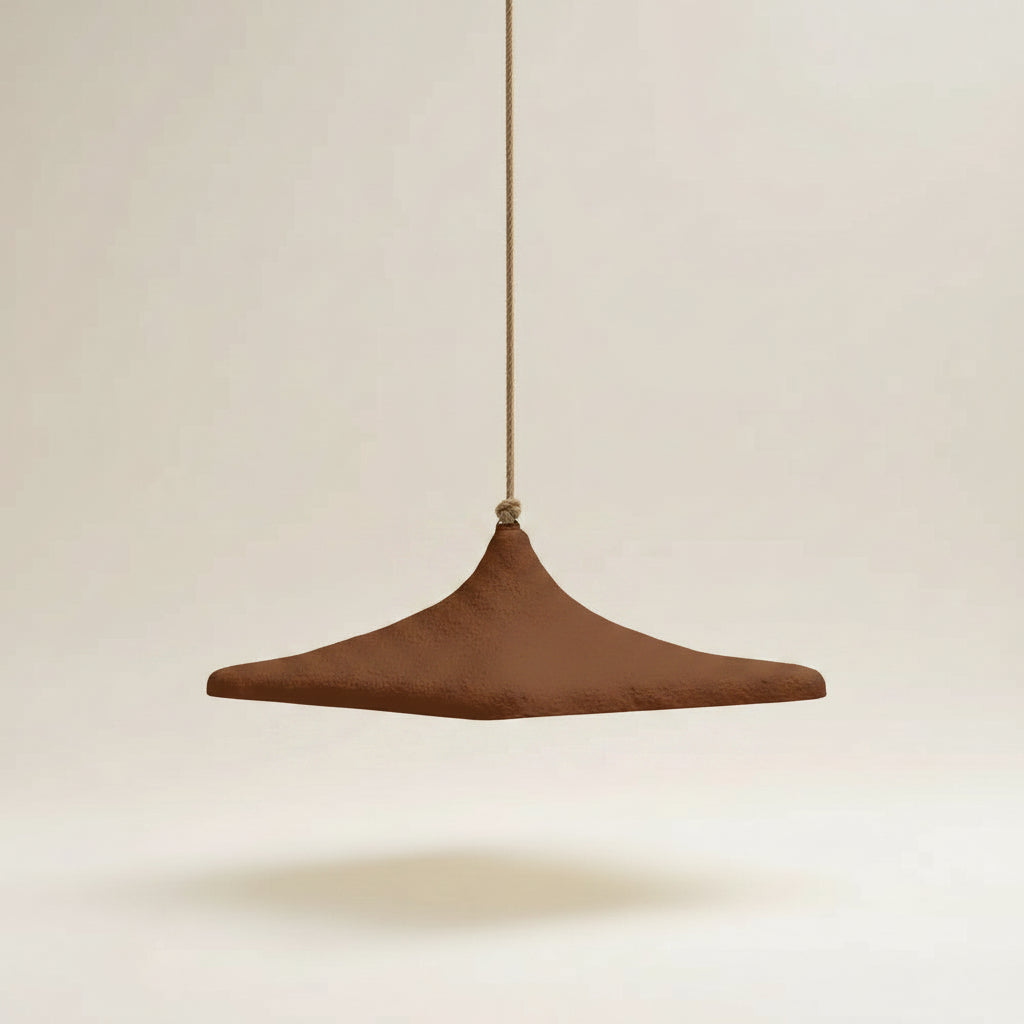 A minimalist brown textured shallow cone pendant light with a wide, shallow conical shade suspended by a thin brown cord against a warm beige background.