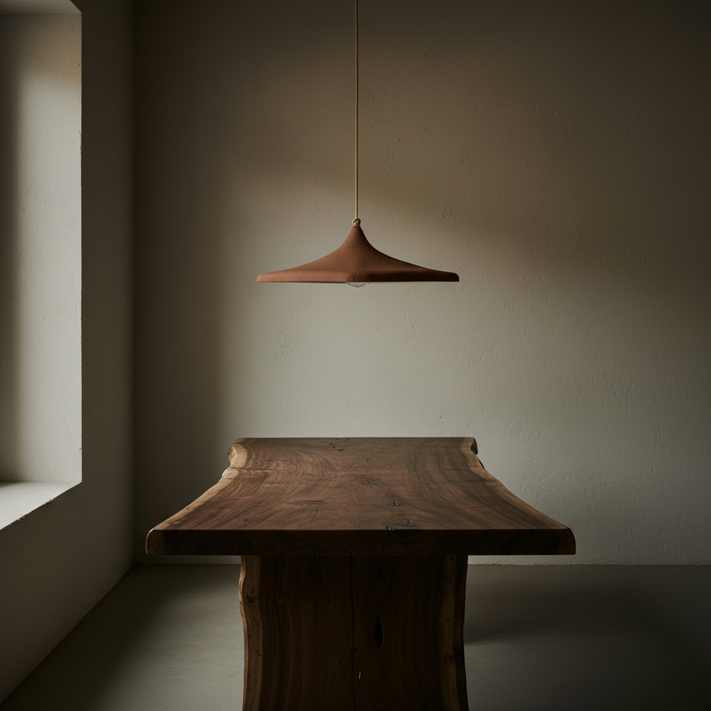 A minimalist pendant light with a wide, shallow conical shade in a matte dark brown finish, suspended by a thin cord against a warm off-white background.