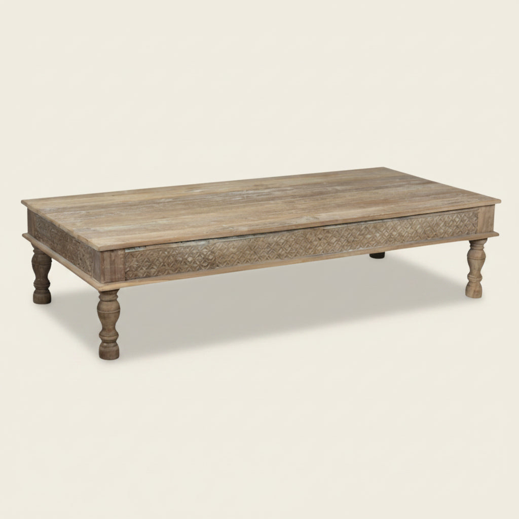 iran carved indian teak coffee table, bisque, wabi sabi