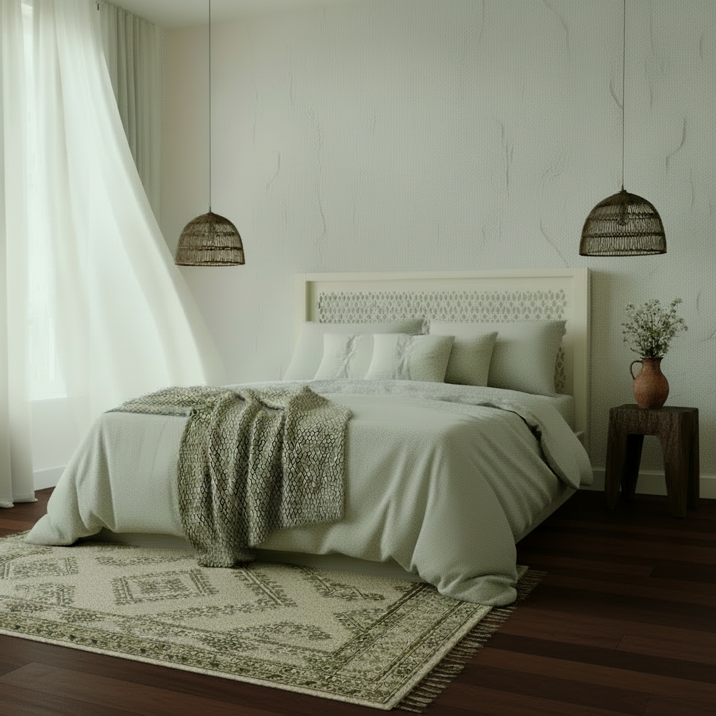 Neatly made bed with white bedding and a green throw blanket in a bedroom setting.