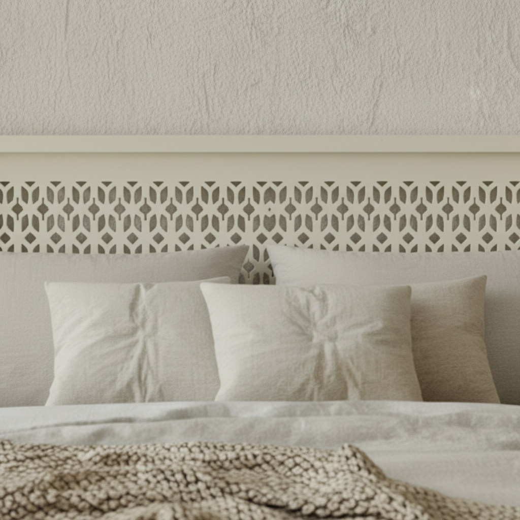 Bedroom with a bed featuring a decorative headboard, pillows, and a woven bench.