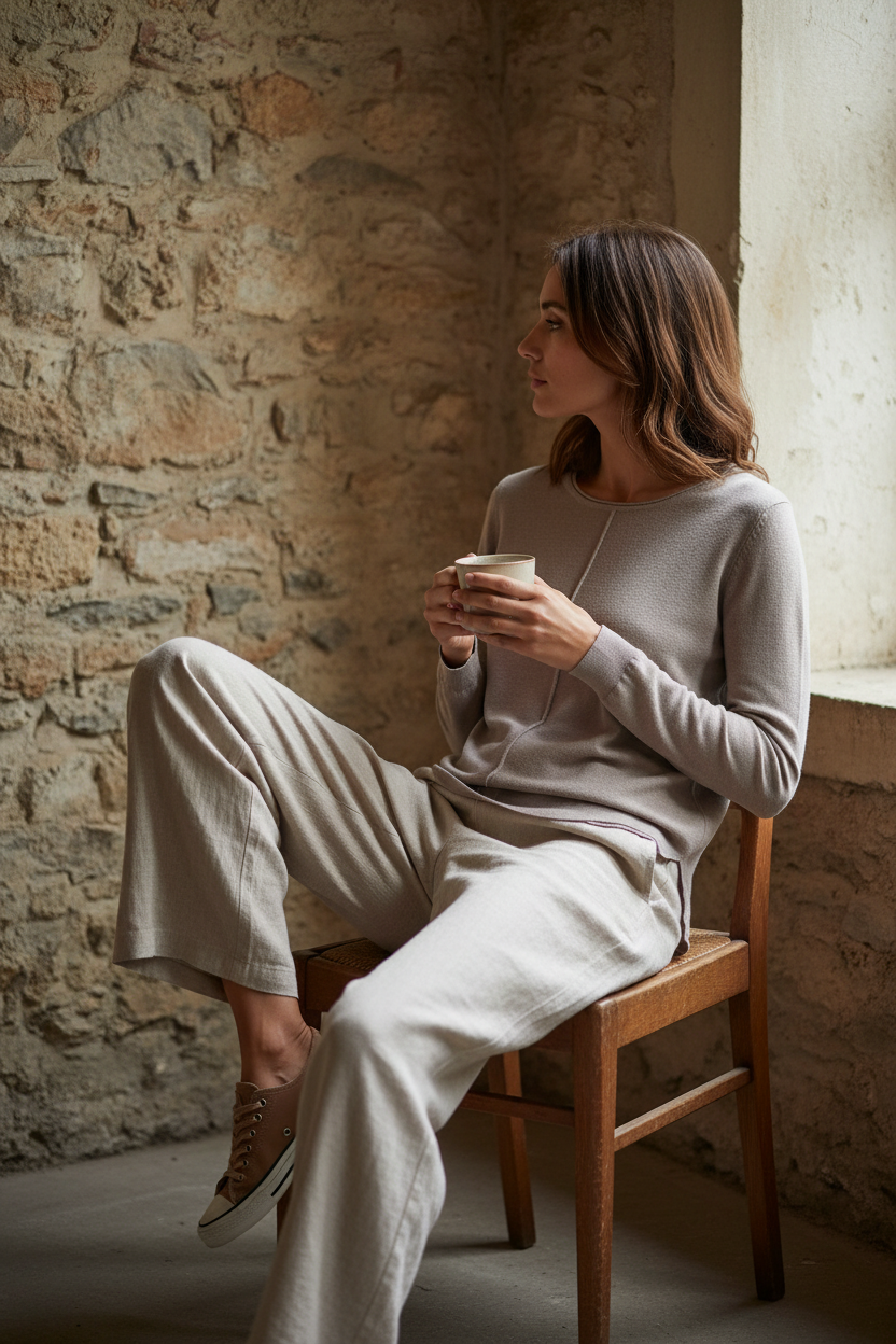 girl wearing a Brown kao 100% cotton knit sweater 
