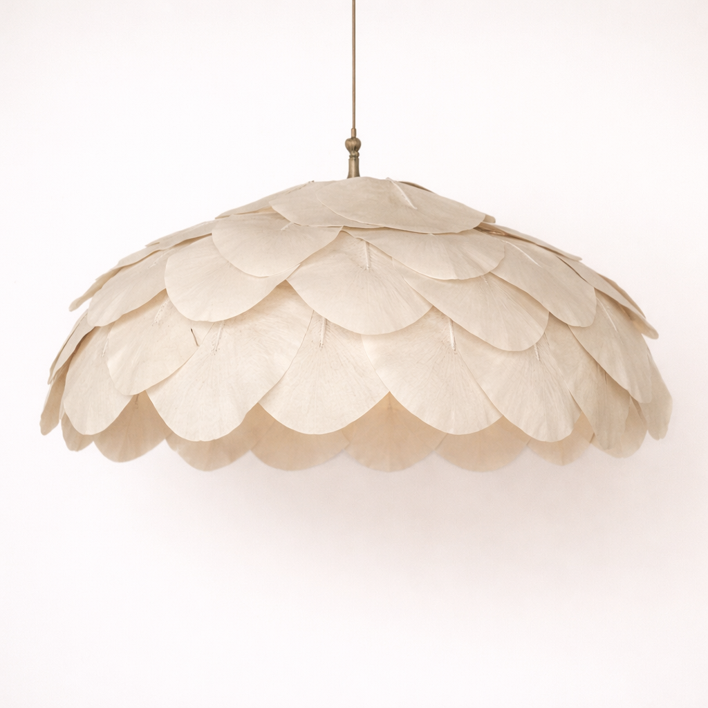 Beige scalloped cotton Kapar pendant light on a white background