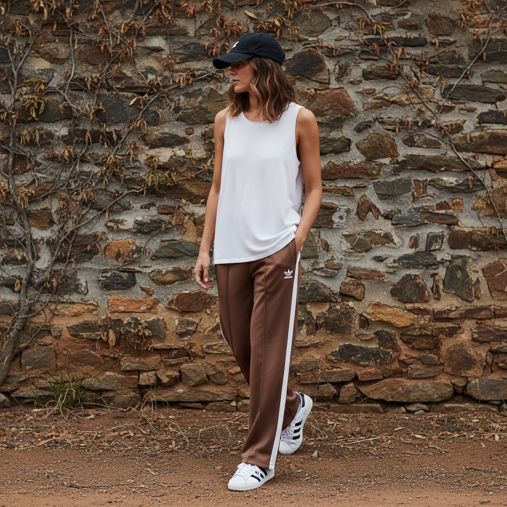 girl in White sleeveless pure cotton knit top with track suit pants